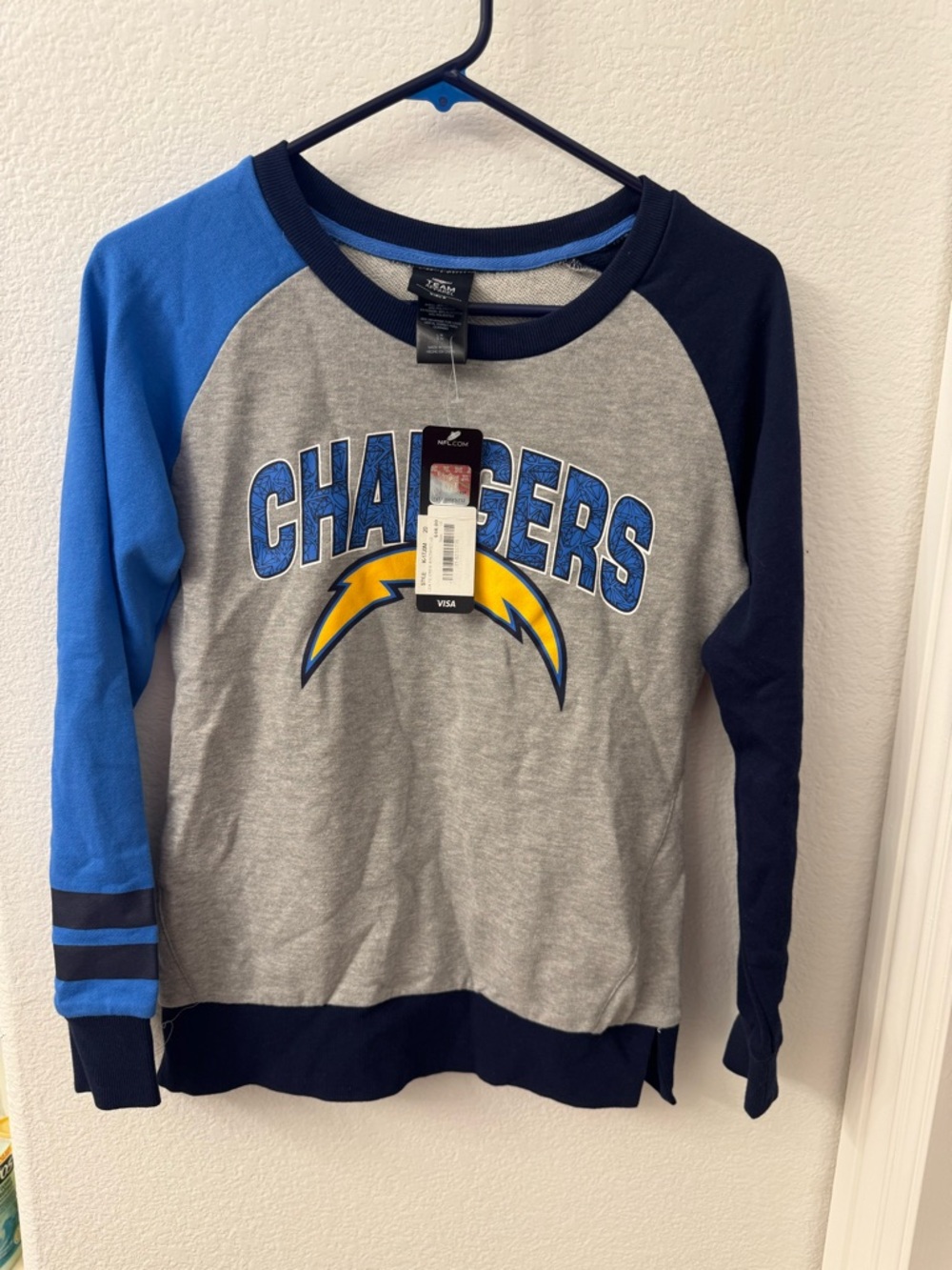 NFL Chargers Grey & Blue Raglan Crewneck Sweatshirt girls 14 Large new nwt
